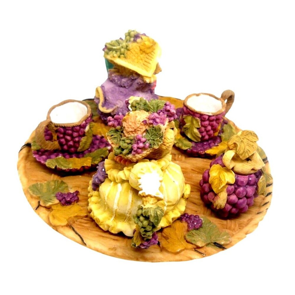 Hand-Painted Resin Mouse Tea Party Figurine Set Grapevine Details Round Tray - Picture 3 of 4